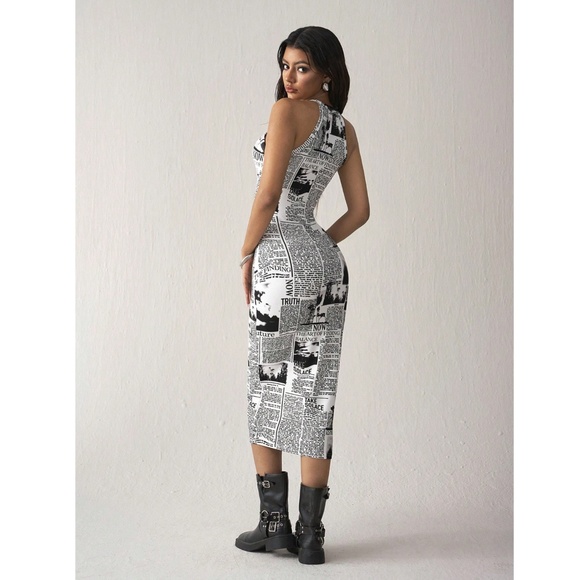 Newspaper Print Tank Dress Midi Fitted Sleeveless Stretchy - Picture 4 of 16